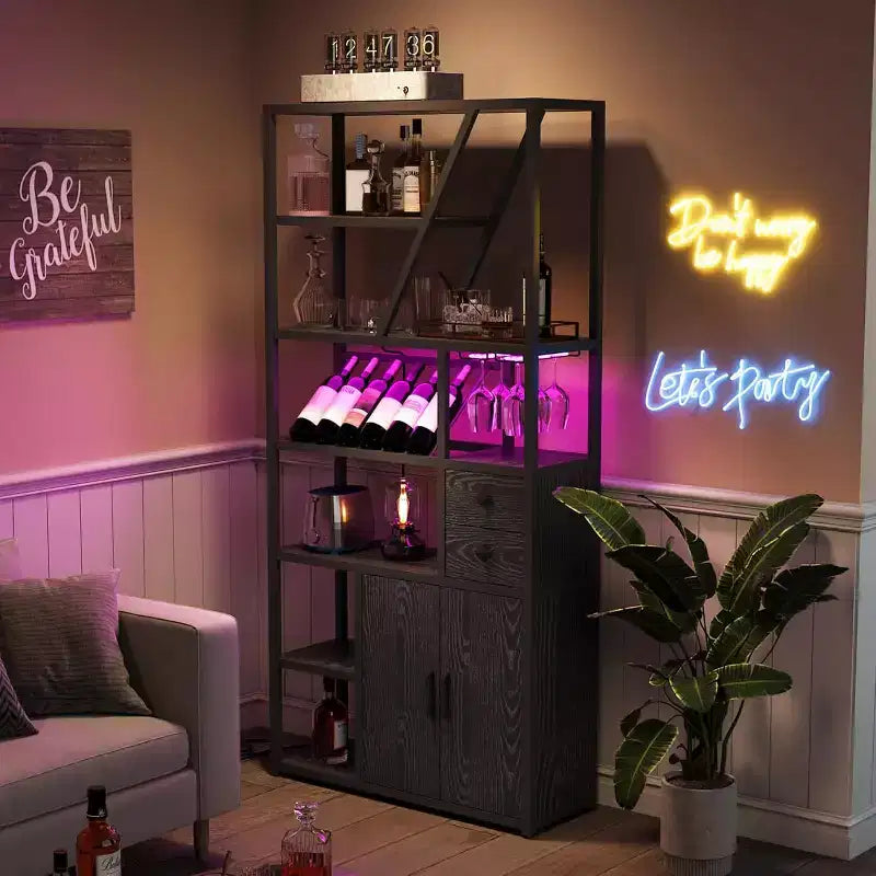 71.2in Tall Coffee Bar Station with Power Outlet, LED Light and Glass Holder, Wine Liquor Cabinet for Living Room, Microwave Stand Bakers Rack
