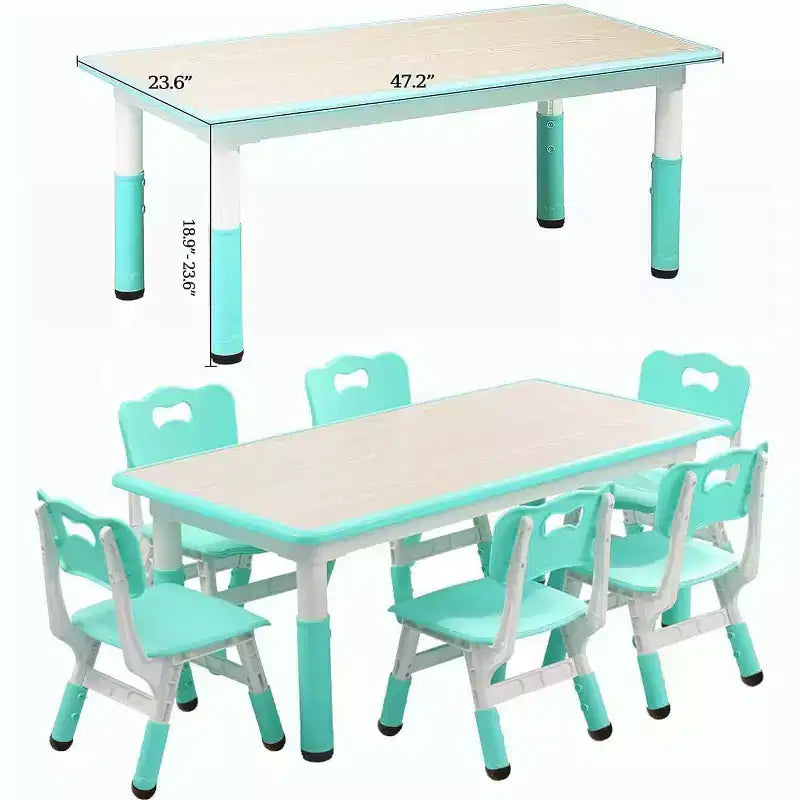 COZONY 7PCS Kids Table and Chairs Set, Height-Adjustable Toddler Study Table with 1 Table & 6 Chairs, Non-Slip Legs and Graffiti Desktop for Home