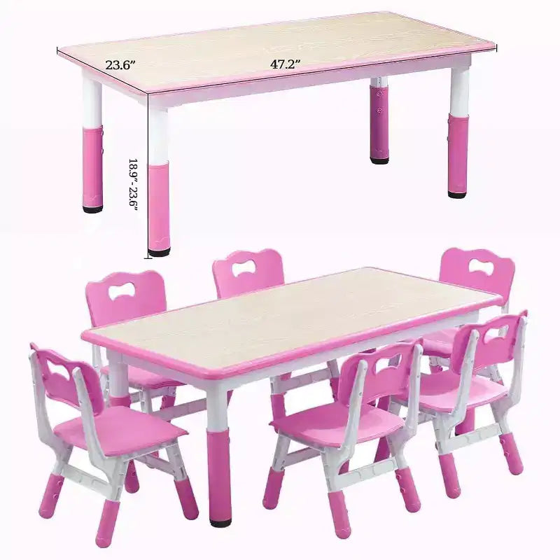COZONY 7PCS Kids Table and Chairs Set, Height-Adjustable Toddler Study Table with 1 Table & 6 Chairs, Non-Slip Legs and Graffiti Desktop for Home