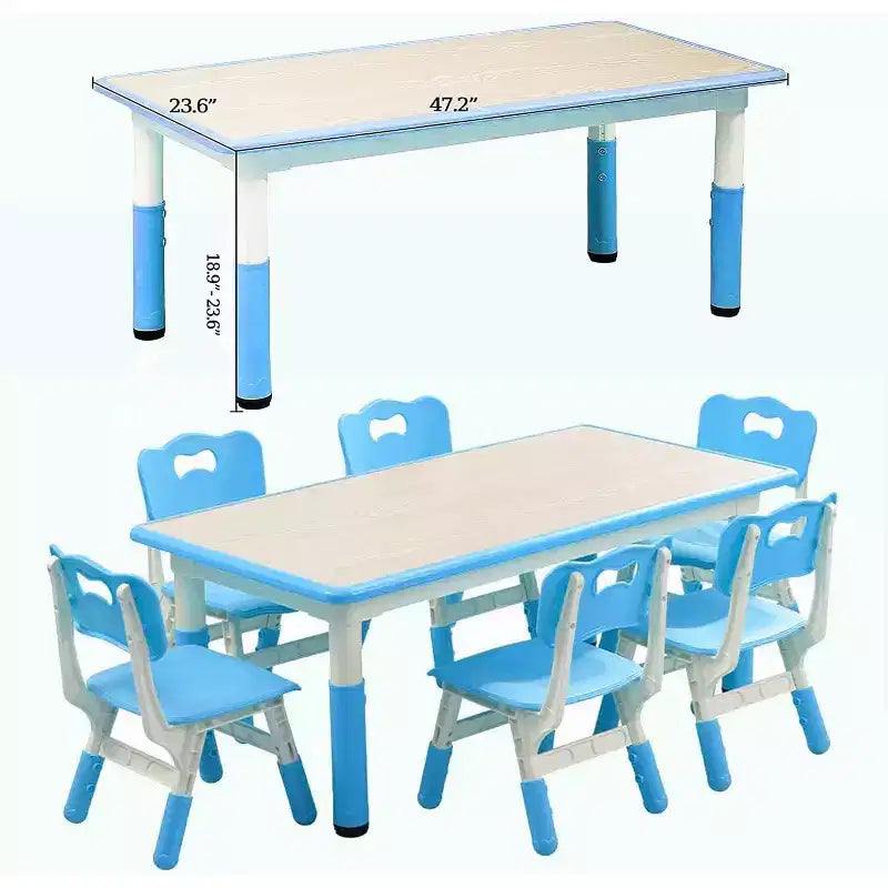 COZONY 7PCS Kids Table and Chairs Set, Height-Adjustable Toddler Study Table with 1 Table & 6 Chairs, Non-Slip Legs and Graffiti Desktop for Home