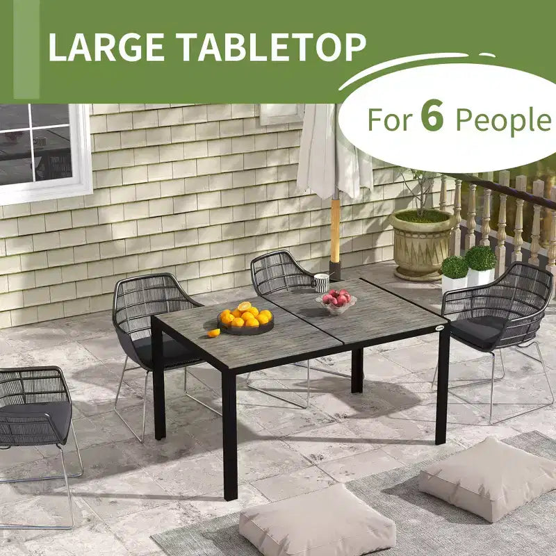 Patio Table for 6 with Aluminum Frame, Faux Wood Tabletop, Rectangular Outdoor Table for Backyard, Lawn, Balcony