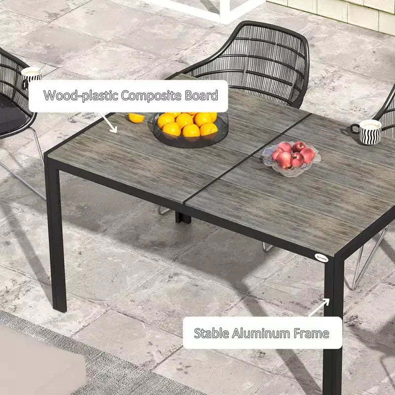 Patio Table for 6 with Aluminum Frame, Faux Wood Tabletop, Rectangular Outdoor Table for Backyard, Lawn, Balcony