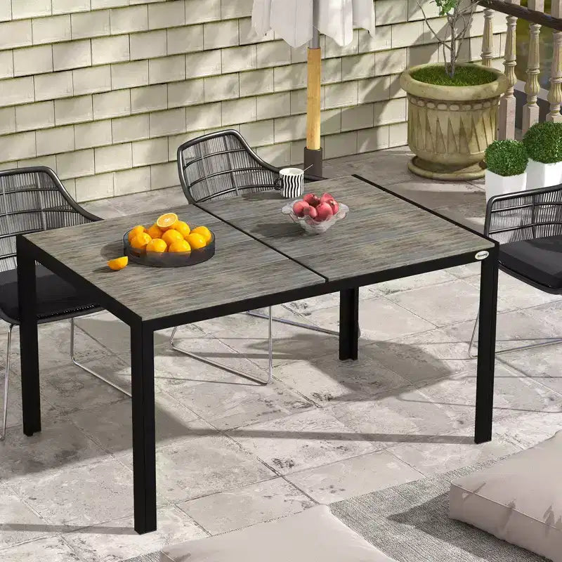 Patio Table for 6 with Aluminum Frame, Faux Wood Tabletop, Rectangular Outdoor Table for Backyard, Lawn, Balcony