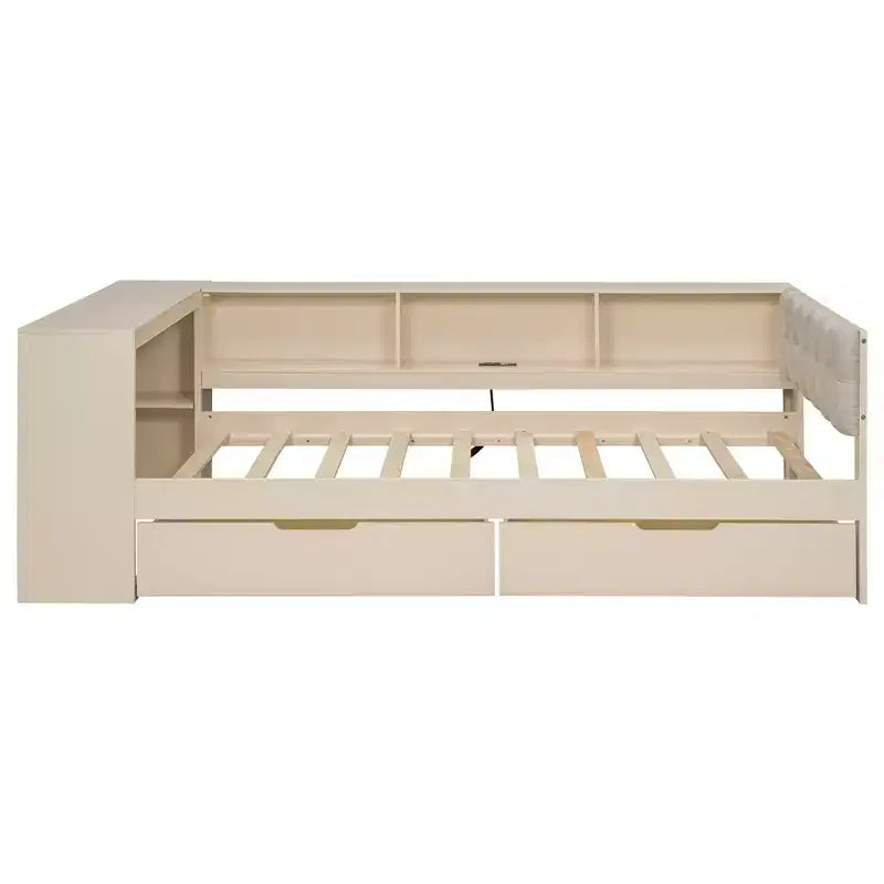 Luxystar Twin Size Platform Bed with Storage Shelves, 2 Drawers, Charging Station and Upholstered Headboard