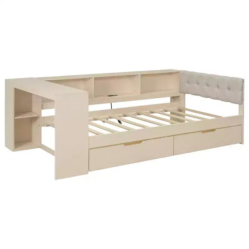 Luxystar Twin Size Platform Bed with Storage Shelves, 2 Drawers, Charging Station and Upholstered Headboard