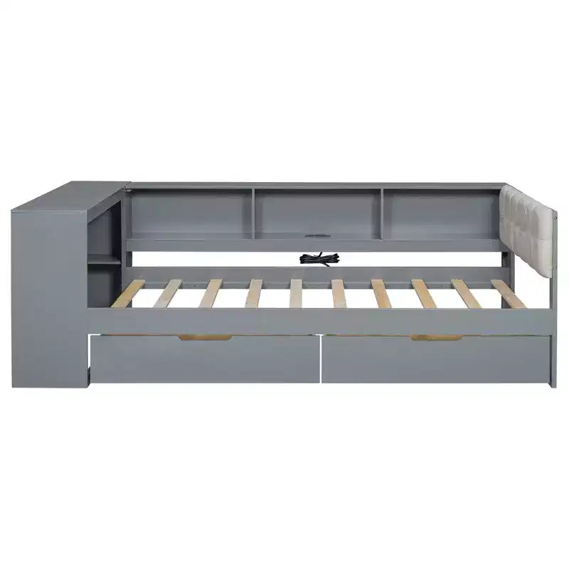 Luxystar Twin Size Platform Bed with Storage Shelves, 2 Drawers, Charging Station and Upholstered Headboard
