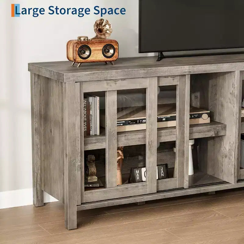 TV Stand for 65in TV, Modern Media Console Table with 4 Sliding Glass Doors & Storage Cabinet, Entertainment Center for Living Room Bedroom