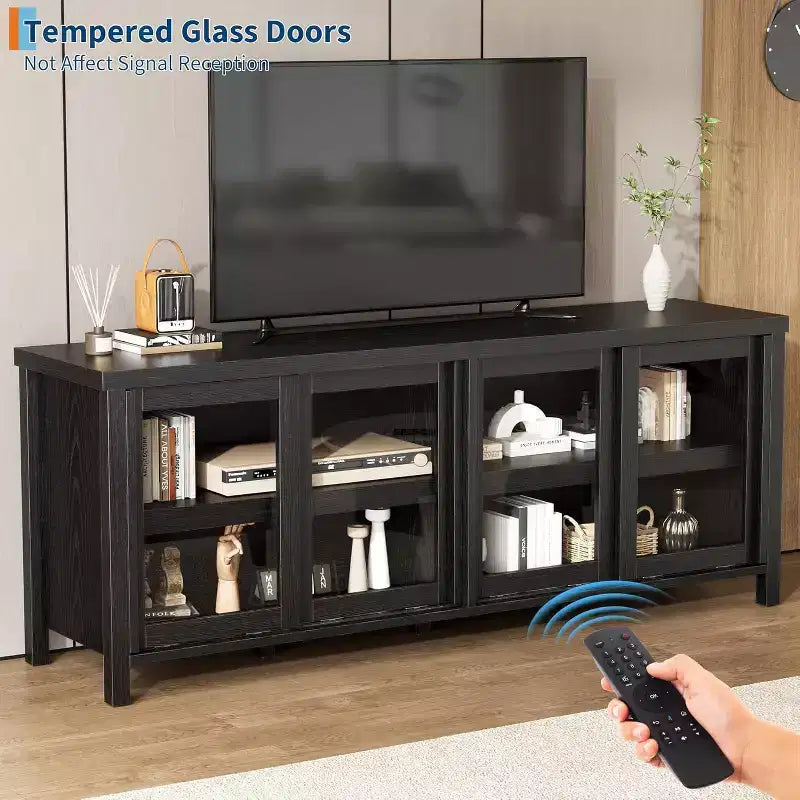 TV Stand for 65in TV, Modern Media Console Table with 4 Sliding Glass Doors & Storage Cabinet, Entertainment Center for Living Room Bedroom