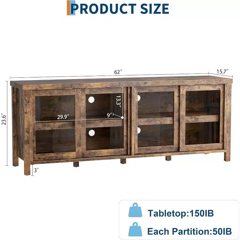 TV Stand for 65in TV, Modern Media Console Table with 4 Sliding Glass Doors & Storage Cabinet, Entertainment Center for Living Room Bedroom