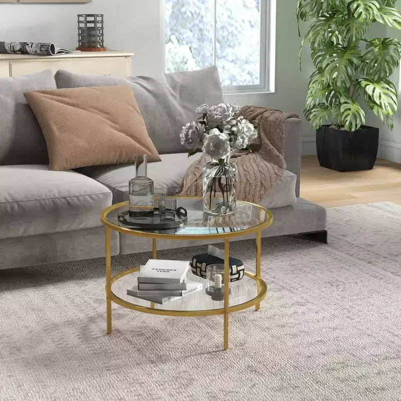 Side Table with Storage, Round End Table, 2-Tier Tempered Glass Coffee Table with Steel Frame for Living Room