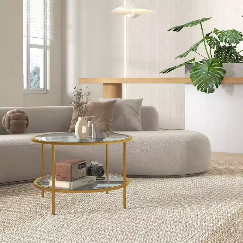 Side Table with Storage, Round End Table, 2-Tier Tempered Glass Coffee Table with Steel Frame for Living Room