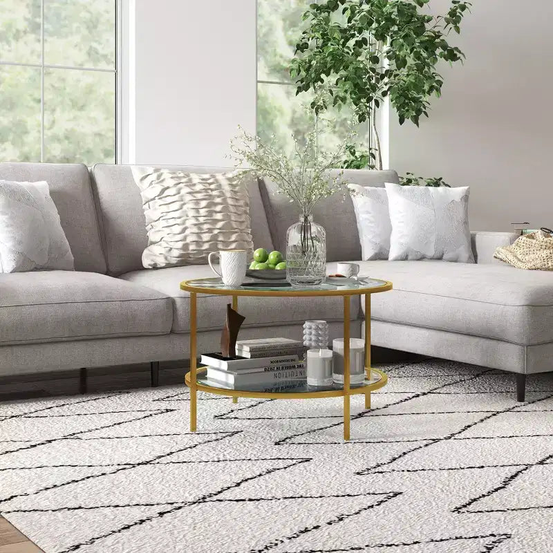 Side Table with Storage, Round End Table, 2-Tier Tempered Glass Coffee Table with Steel Frame for Living Room