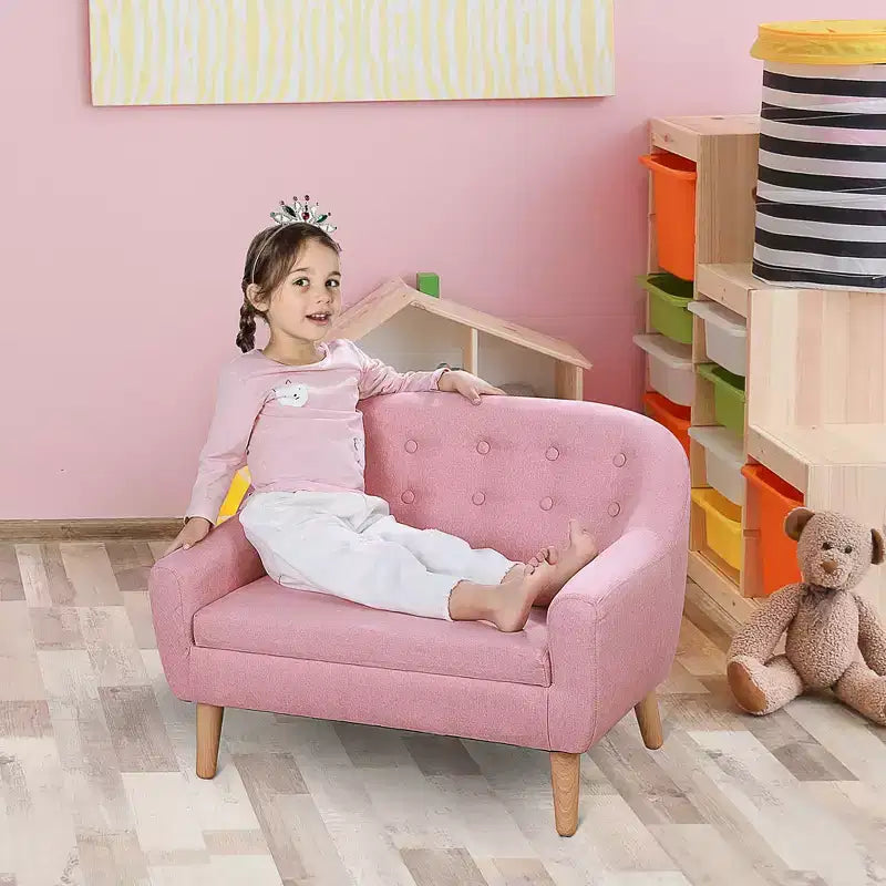 2-Seat Kids Sofa, Toddler Sofa Couch, Linen-Like Fabric & Wood Frame Sofa Chair for Ages 3-7, 11 High Seat