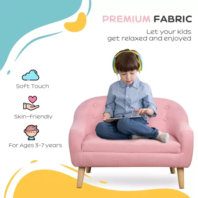 2-Seat Kids Sofa, Toddler Sofa Couch, Linen-Like Fabric & Wood Frame Sofa Chair for Ages 3-7, 11 High Seat