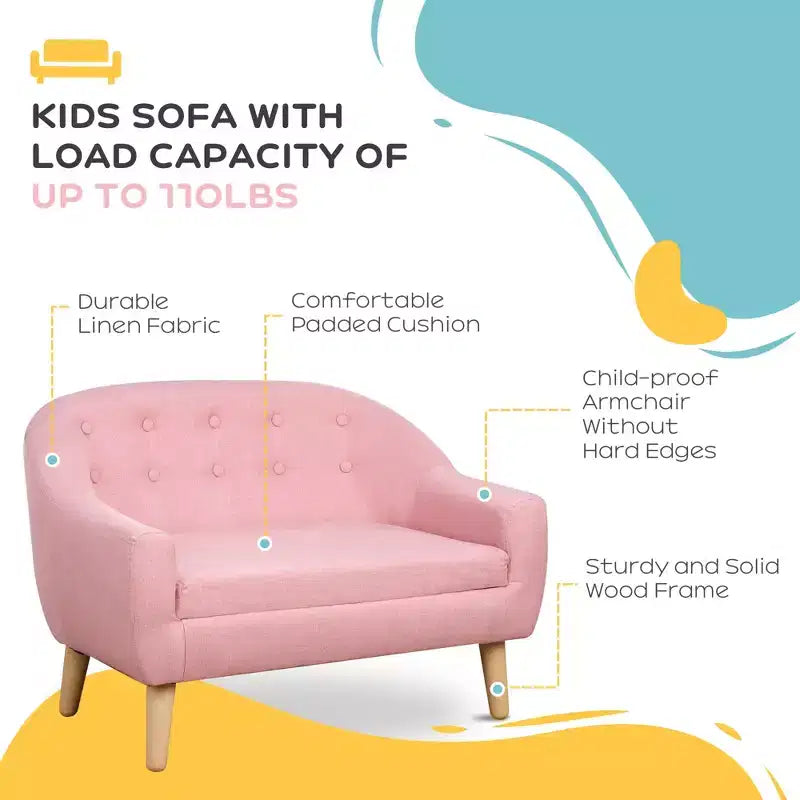 2-Seat Kids Sofa, Toddler Sofa Couch, Linen-Like Fabric & Wood Frame Sofa Chair for Ages 3-7, 11 High Seat