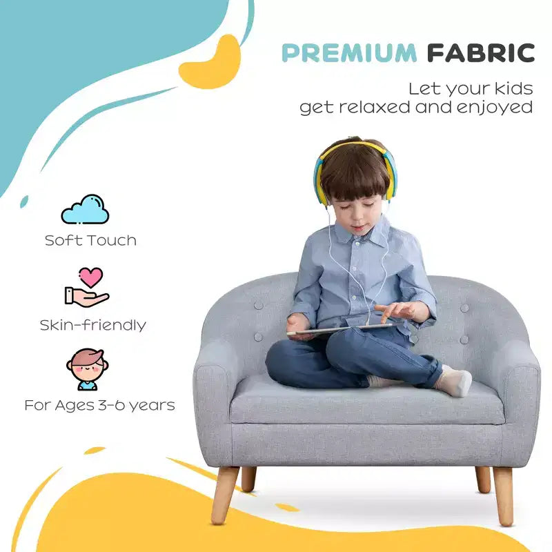 2-Seat Kids Sofa, Toddler Sofa Couch, Linen-Like Fabric & Wood Frame Sofa Chair for Ages 3-7, 11 High Seat