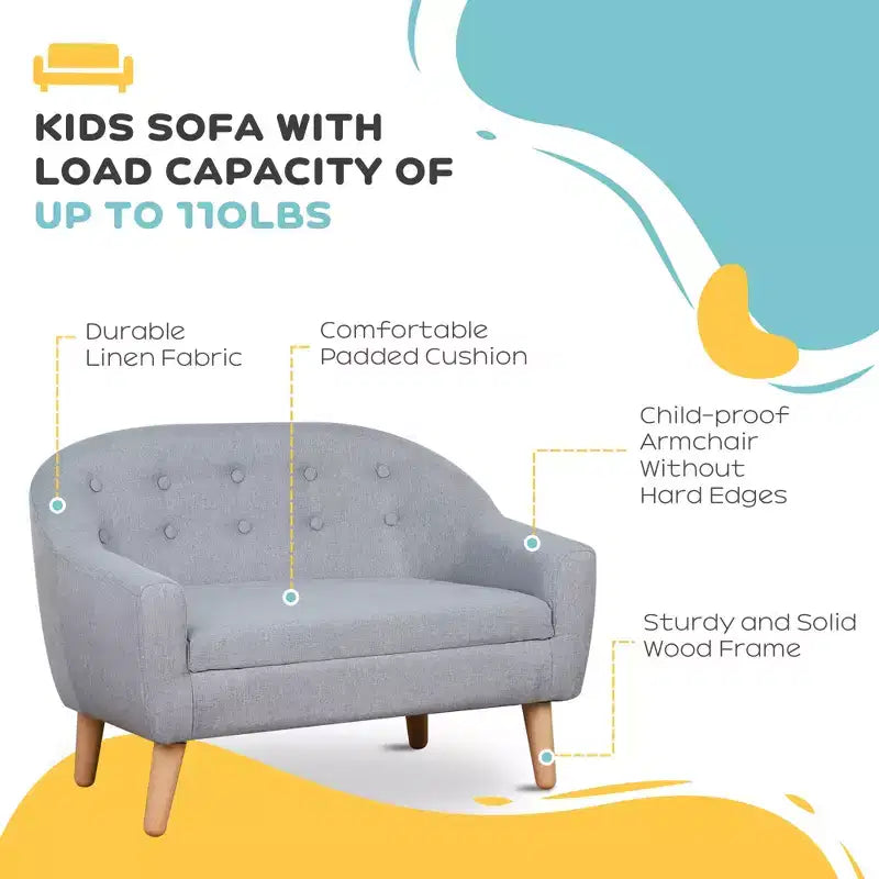 2-Seat Kids Sofa, Toddler Sofa Couch, Linen-Like Fabric & Wood Frame Sofa Chair for Ages 3-7, 11 High Seat