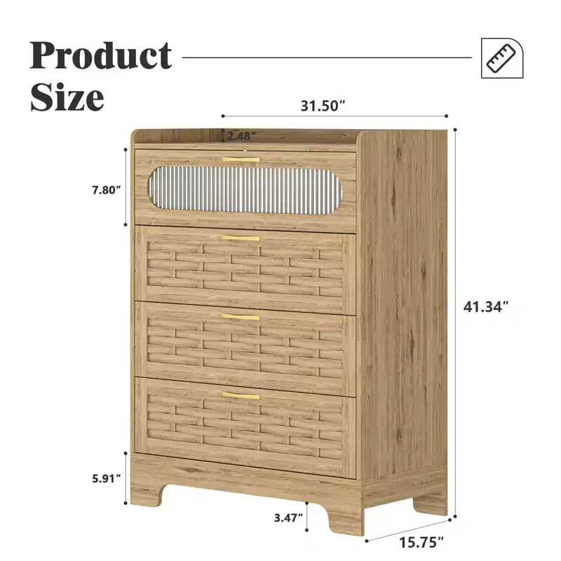 Homy Casa 4-Drawer Wood Dresser Storage Cabinet, Natural, MDF