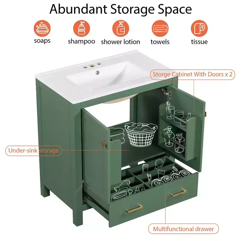 30 Bathroom Vanities with Ceramic Sink Combo Set, Solid Wood Frame, Modern Undermount Sink Cabinet with Soft Closing Door and Drawer