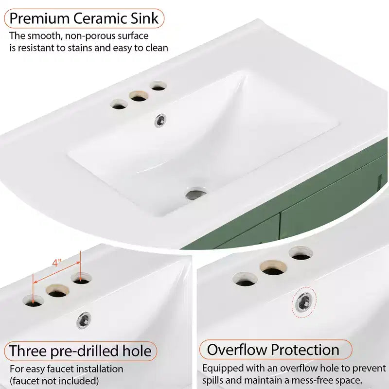 30 Bathroom Vanities with Ceramic Sink Combo Set, Solid Wood Frame, Modern Undermount Sink Cabinet with Soft Closing Door and Drawer