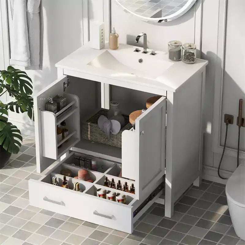 30 Bathroom Vanities with Ceramic Sink Combo Set, Solid Wood Frame, Modern Undermount Sink Cabinet with Soft Closing Door and Drawer