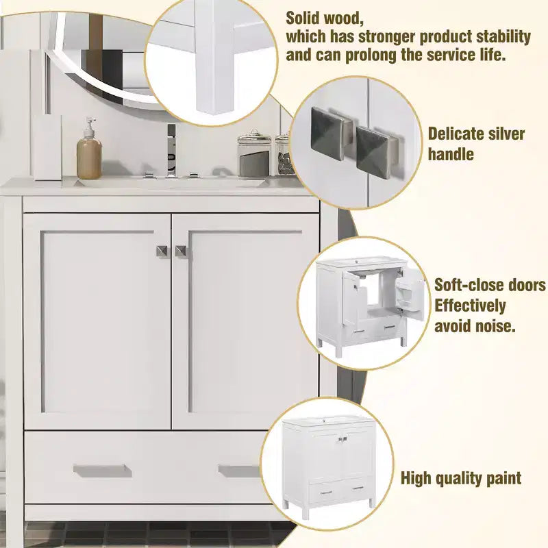 30 Bathroom Vanities with Ceramic Sink Combo Set, Solid Wood Frame, Modern Undermount Sink Cabinet with Soft Closing Door and Drawer
