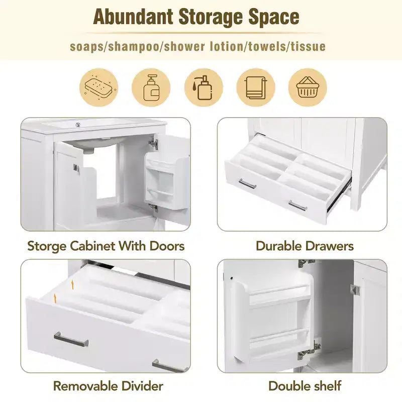30 Bathroom Vanities with Ceramic Sink Combo Set, Solid Wood Frame, Modern Undermount Sink Cabinet with Soft Closing Door and Drawer