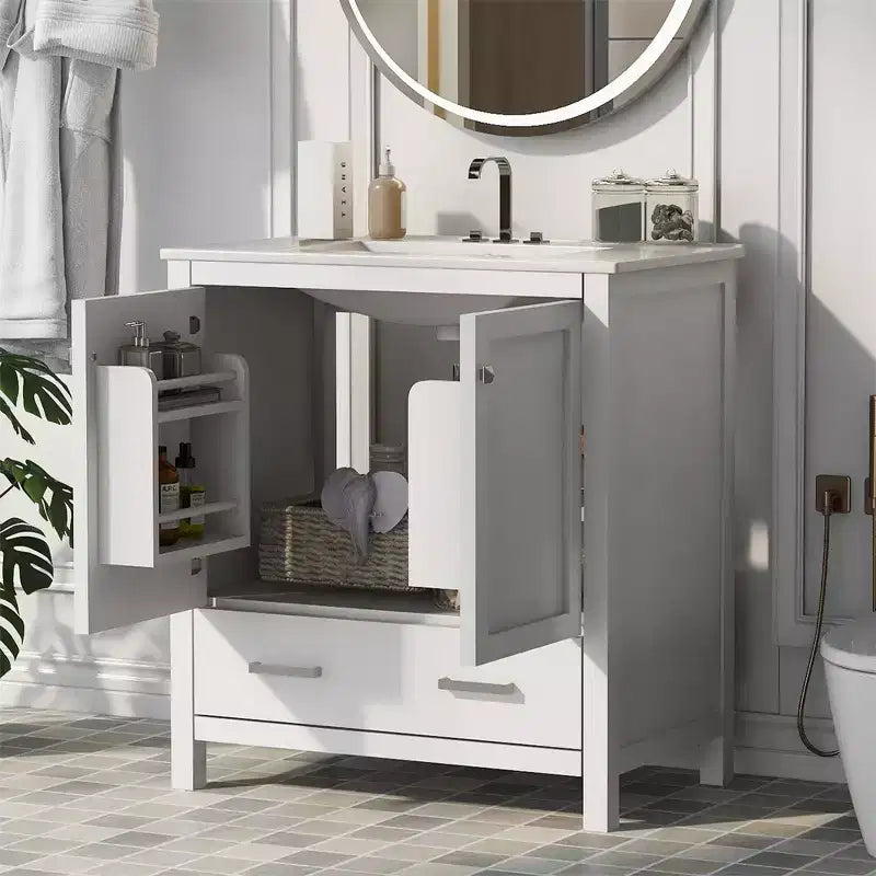 30 Bathroom Vanities with Ceramic Sink Combo Set, Solid Wood Frame, Modern Undermount Sink Cabinet with Soft Closing Door and Drawer