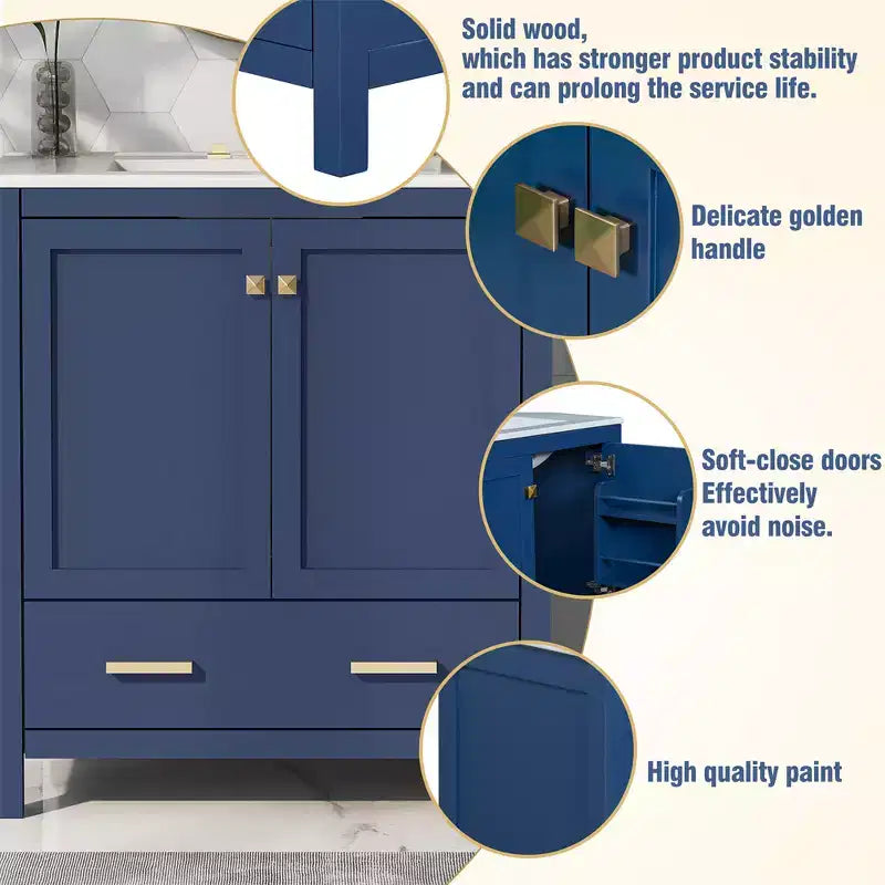 30 Bathroom Vanities with Ceramic Sink Combo Set, Solid Wood Frame, Modern Undermount Sink Cabinet with Soft Closing Door and Drawer