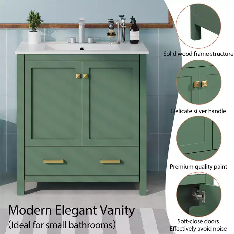 30 Bathroom Vanities with Ceramic Sink Combo Set, Solid Wood Frame, Modern Undermount Sink Cabinet with Soft Closing Door and Drawer