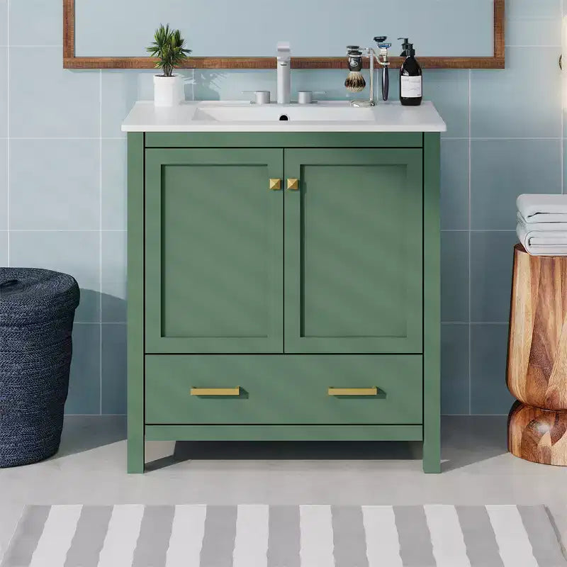30 Bathroom Vanities with Ceramic Sink Combo Set, Solid Wood Frame, Modern Undermount Sink Cabinet with Soft Closing Door and Drawer