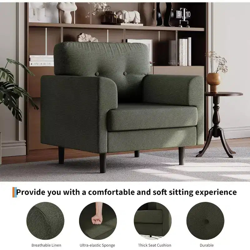 COZONY Linen Upholstered Accent Chair, High Density Foam Reading Lounge Chair for Living Room Bedroom Office