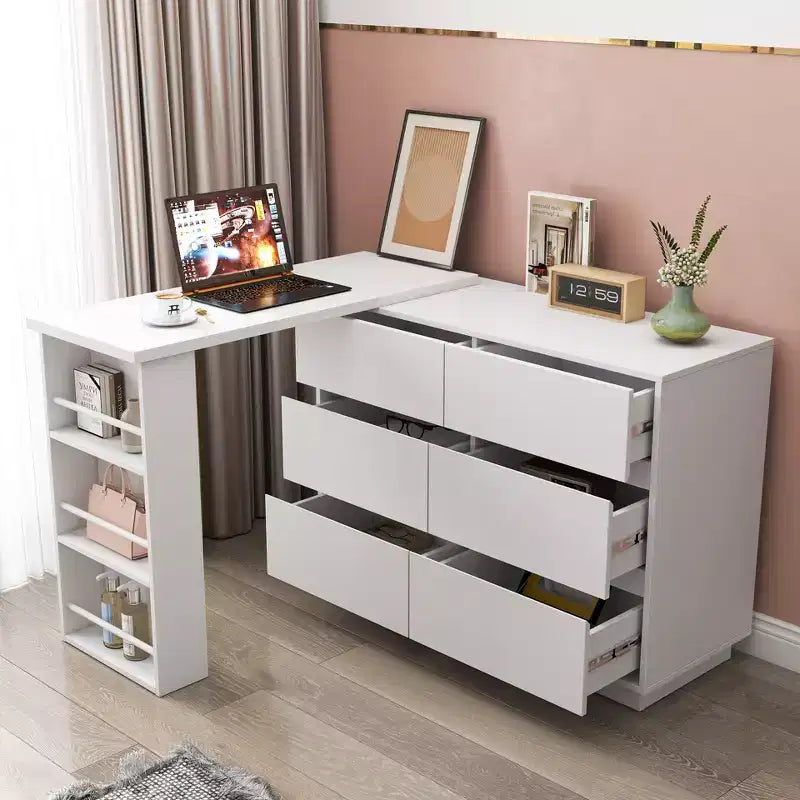 JVNOXK L-Shaped Extendable Desk & Vanity Set with 6 Drawers for Ample Storage, Ideal for Office and Bedroom Makeup Routines, White