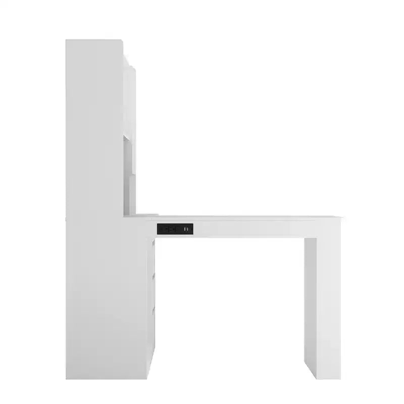 JVNOXK L-Shaped Multi-Functional Corner Storage Unit Charging Desk with Drawers Computer Desk with Shelving LED Lighting Home Office Desk - White