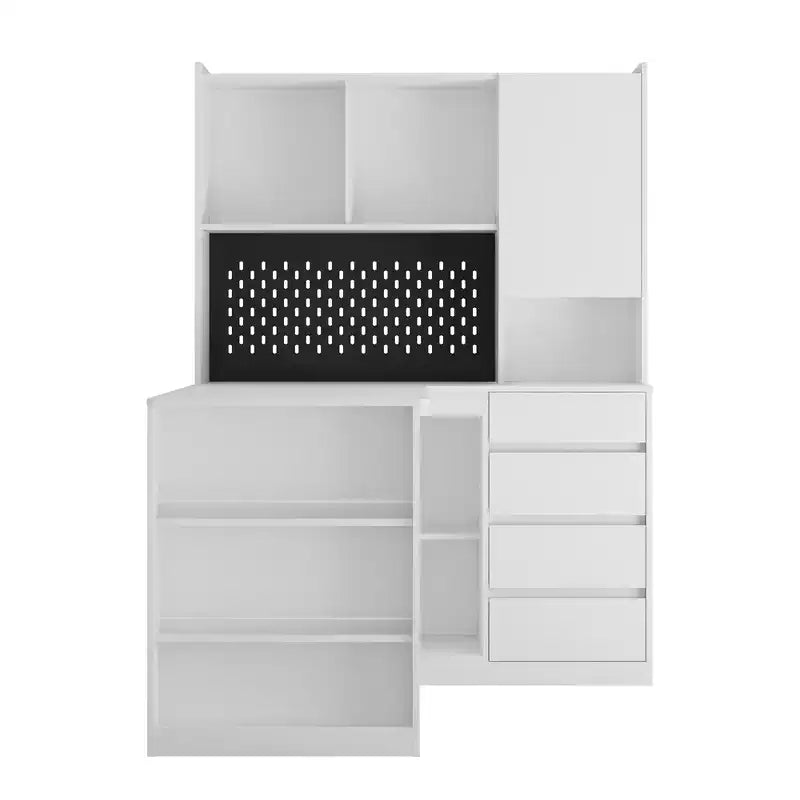 JVNOXK L-Shaped Multi-Functional Corner Storage Unit Charging Desk with Drawers Computer Desk with Shelving LED Lighting Home Office Desk - White