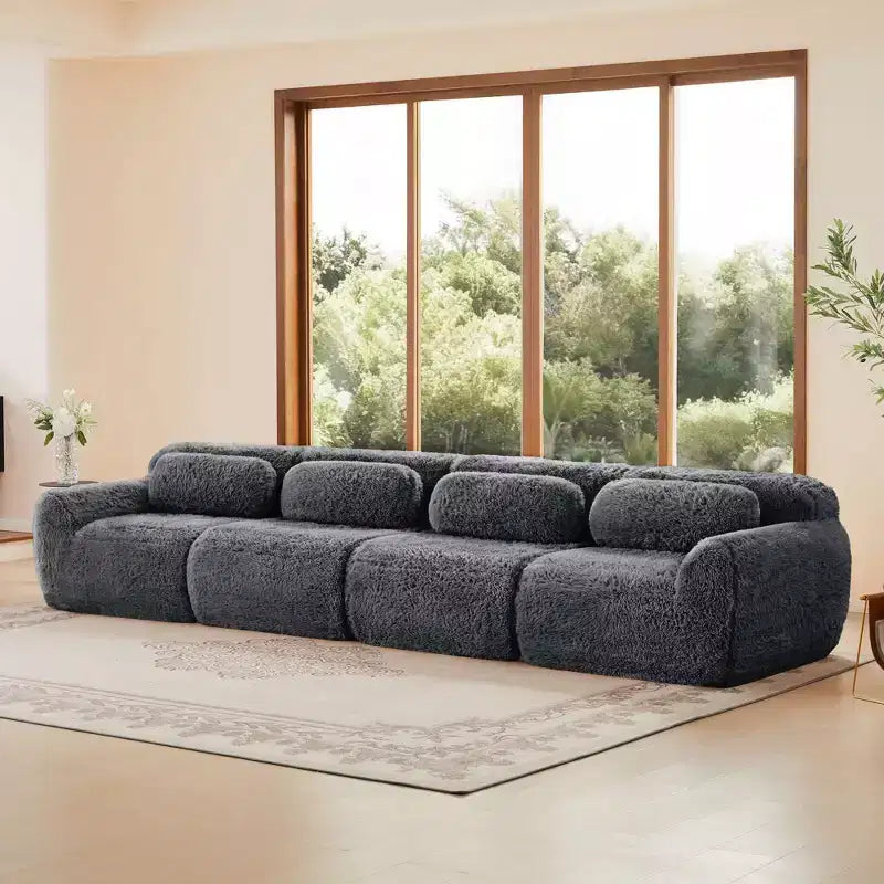 149 inch Brown Plush Fabric Boneless Sectional Sofa with Throw Pillows for Living Rooms ( Buckle Connection)