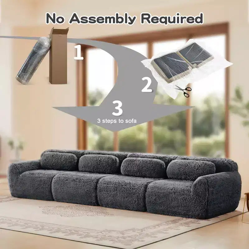 149 inch Brown Plush Fabric Boneless Sectional Sofa with Throw Pillows for Living Rooms ( Buckle Connection)