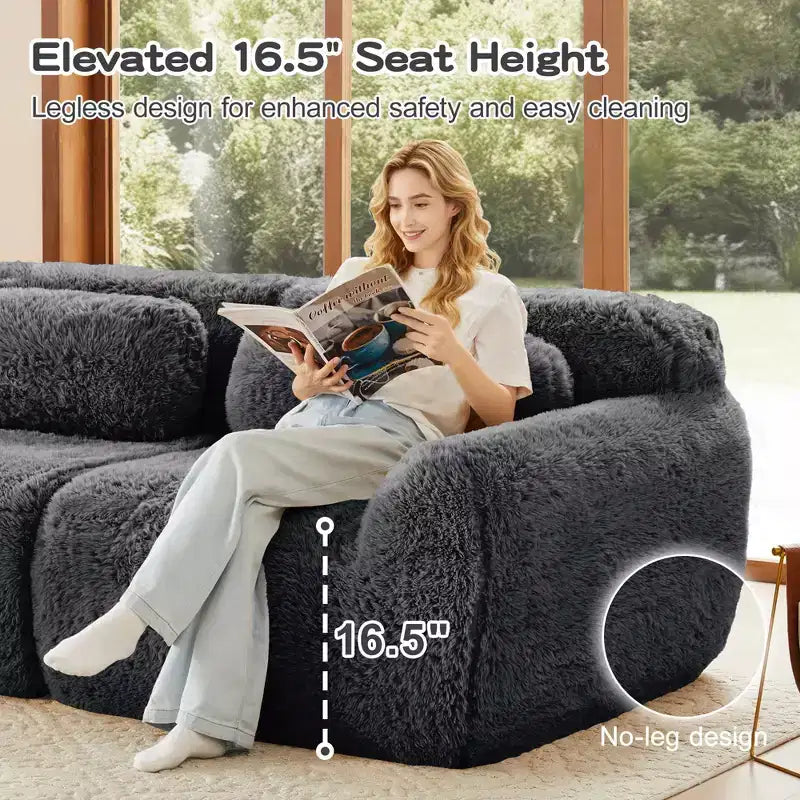 149 inch Brown Plush Fabric Boneless Sectional Sofa with Throw Pillows for Living Rooms ( Buckle Connection)