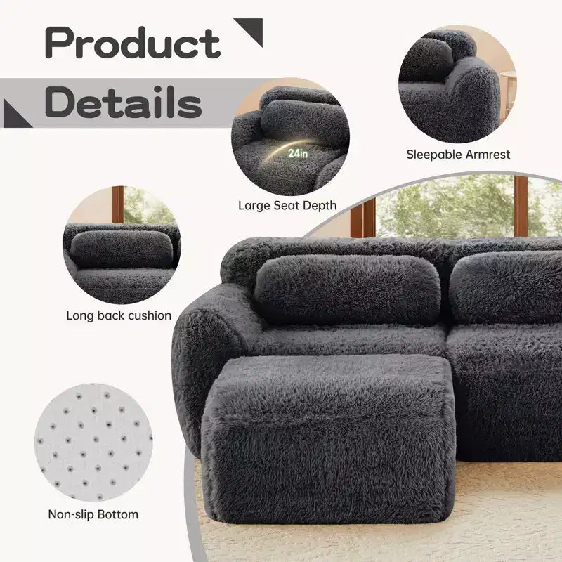 149 inch Brown Plush Fabric Boneless Sectional Sofa with Throw Pillows for Living Rooms ( Buckle Connection)