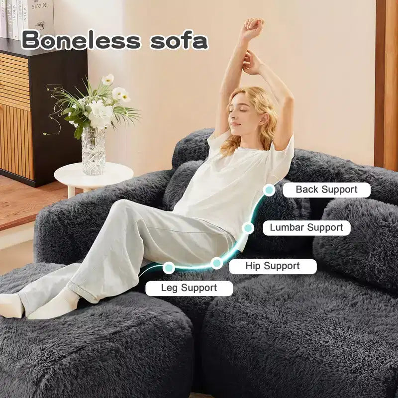 149 inch Brown Plush Fabric Boneless Sectional Sofa with Throw Pillows for Living Rooms ( Buckle Connection)