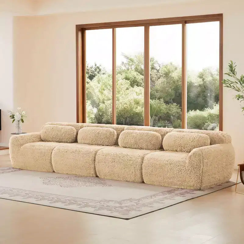 149 inch Brown Plush Fabric Boneless Sectional Sofa with Throw Pillows for Living Rooms ( Buckle Connection)