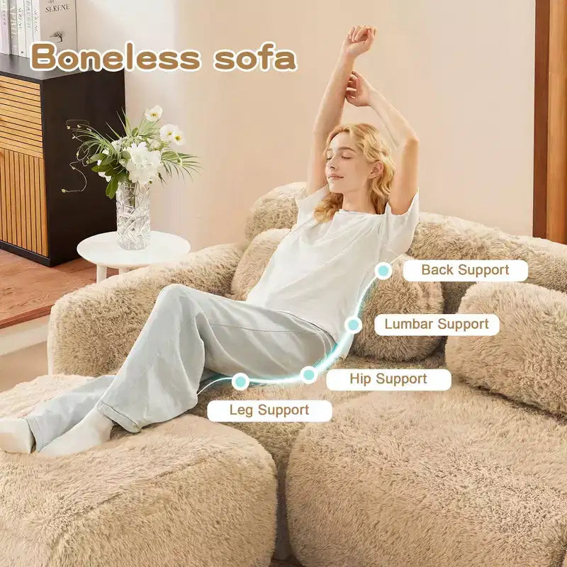149 inch Brown Plush Fabric Boneless Sectional Sofa with Throw Pillows for Living Rooms ( Buckle Connection)