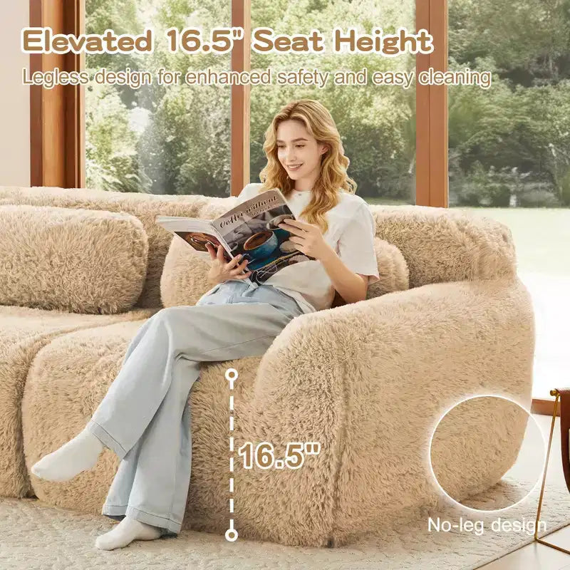 149 inch Brown Plush Fabric Boneless Sectional Sofa with Throw Pillows for Living Rooms ( Buckle Connection)