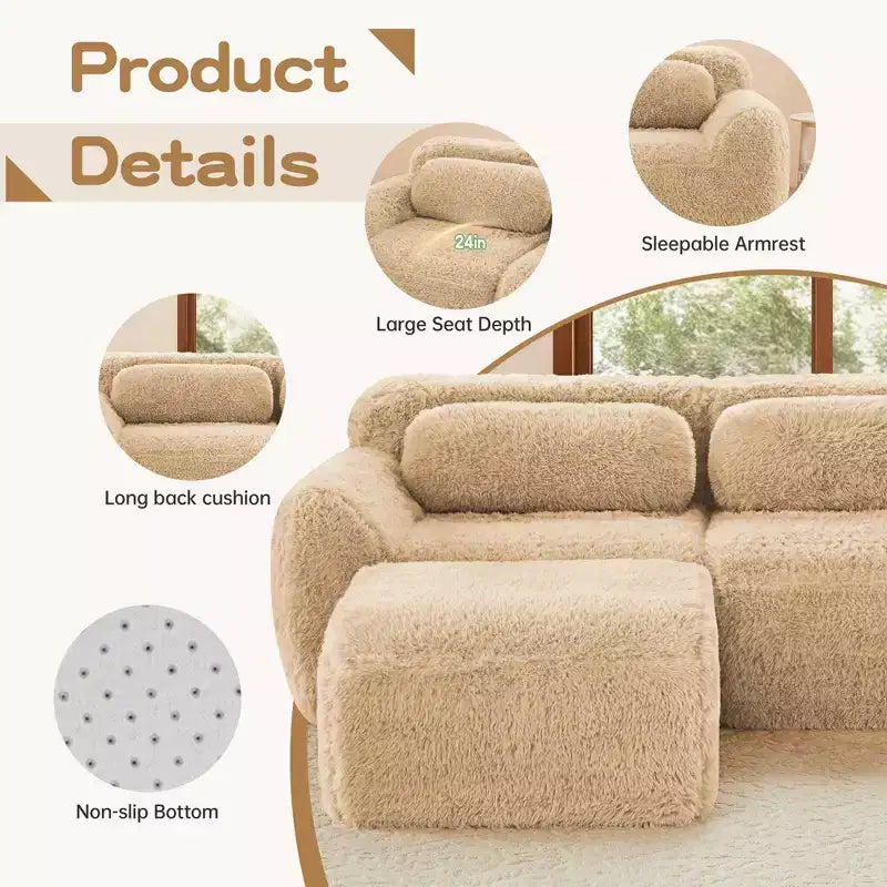 149 inch Brown Plush Fabric Boneless Sectional Sofa with Throw Pillows for Living Rooms ( Buckle Connection)