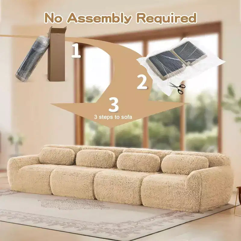 149 inch Brown Plush Fabric Boneless Sectional Sofa with Throw Pillows for Living Rooms ( Buckle Connection)