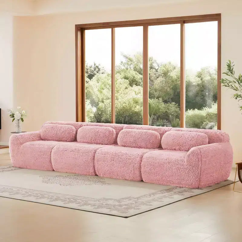 149 inch Brown Plush Fabric Boneless Sectional Sofa with Throw Pillows for Living Rooms ( Buckle Connection)