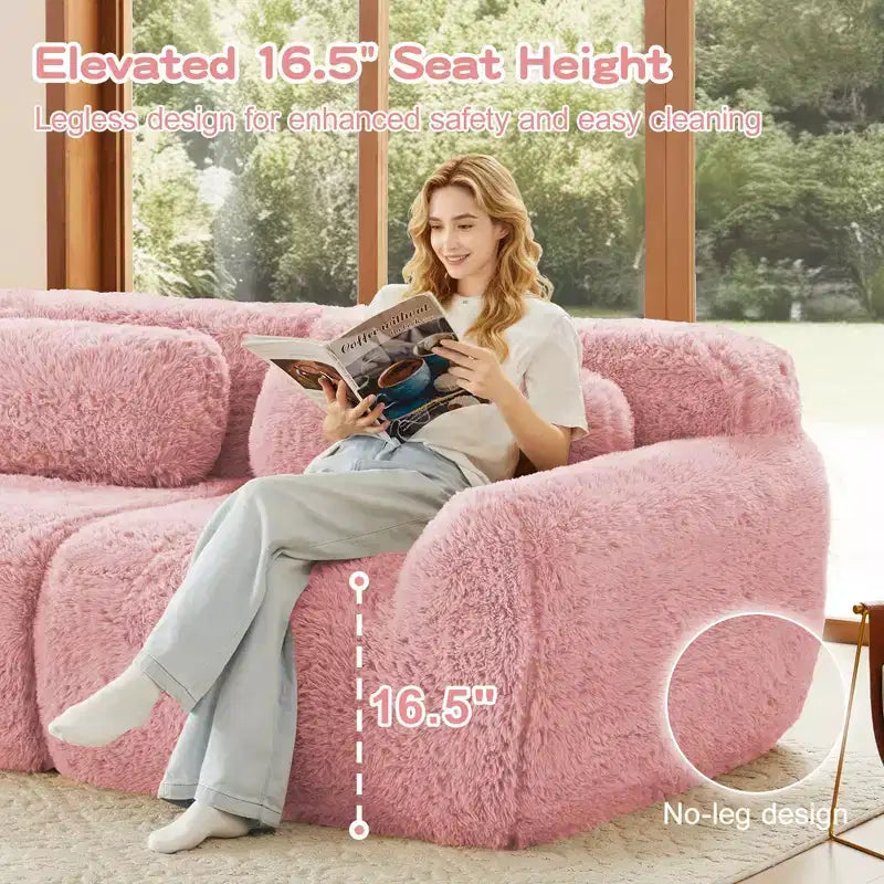 149 inch Brown Plush Fabric Boneless Sectional Sofa with Throw Pillows for Living Rooms ( Buckle Connection)