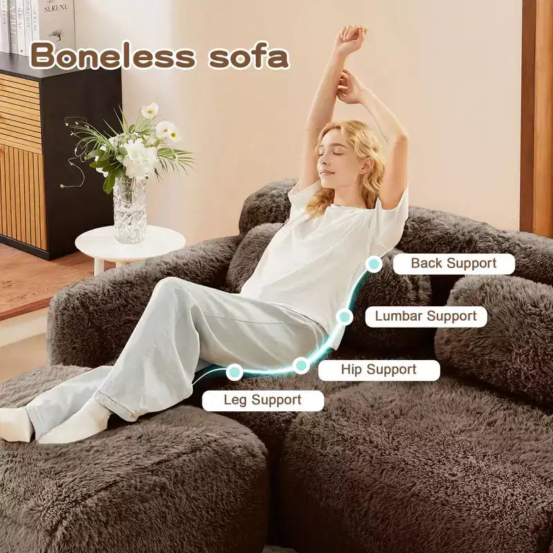 149 inch Brown Plush Fabric Boneless Sectional Sofa with Throw Pillows for Living Rooms ( Buckle Connection)