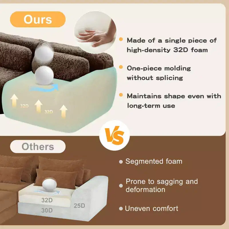 149 inch Brown Plush Fabric Boneless Sectional Sofa with Throw Pillows for Living Rooms ( Buckle Connection)