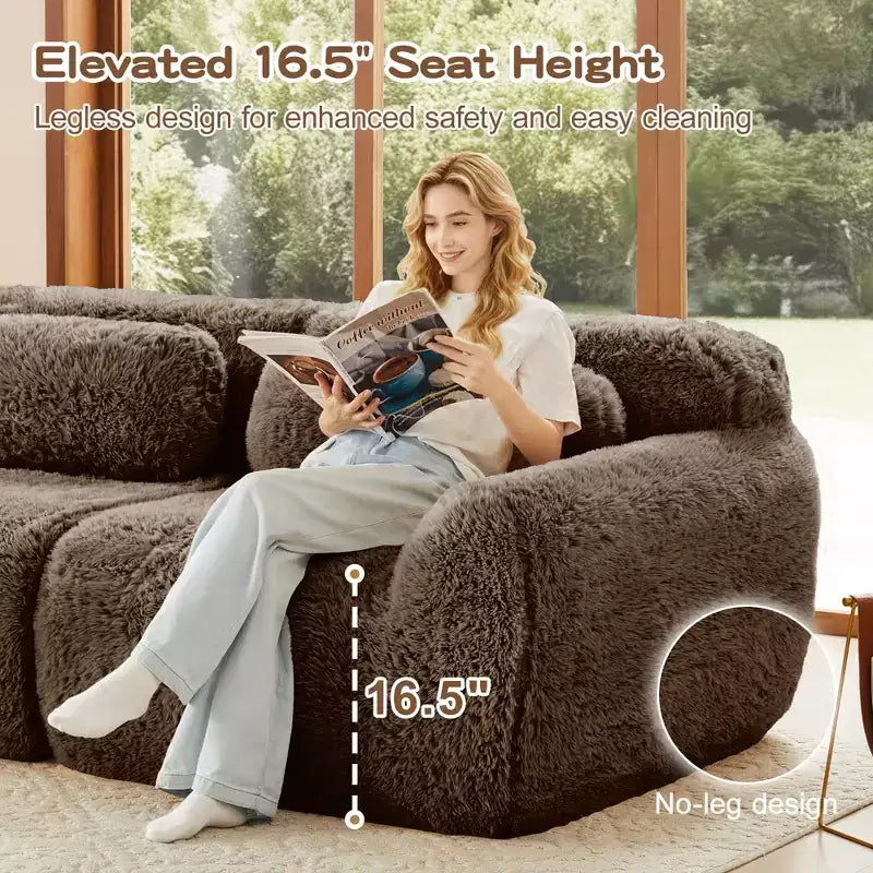 149 inch Brown Plush Fabric Boneless Sectional Sofa with Throw Pillows for Living Rooms ( Buckle Connection)